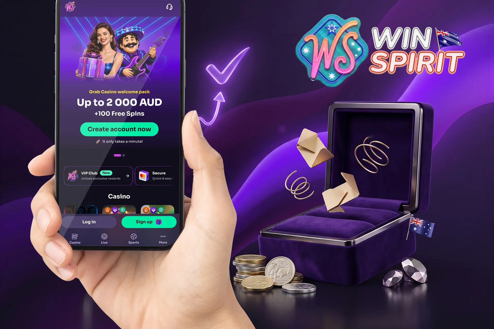 Getting started with online pokies in Australia, showing a mobile registration screen with a welcome bonus next to an open purple box, gold coins, and a confirmation checkmark